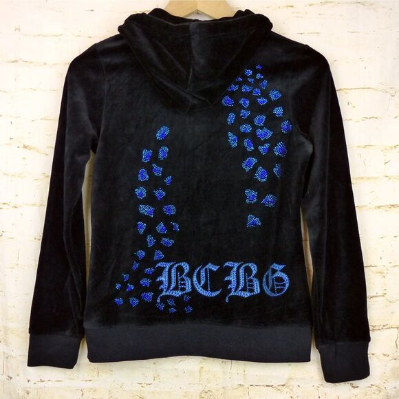 Vtg BCBGMAXAZRIA Y2K Velour Hoodie Track Jacket S Black Rhinestone Animal Spots - Picture 10 of 14
